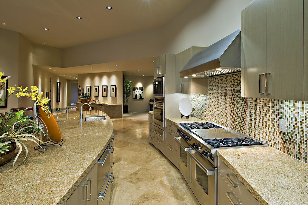 Pucci Tile & Marble - Tiled Kitchen with Glass Backsplash